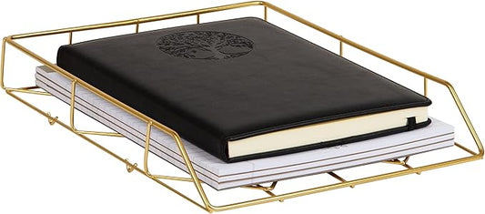 Mind Reader Gold Geometric Paper Tray, Modern Organizer for Documents, Folders, and Office Supplies, Durable and Stylish, Metal, 10" L x 12.25" W x 2" H, Gold