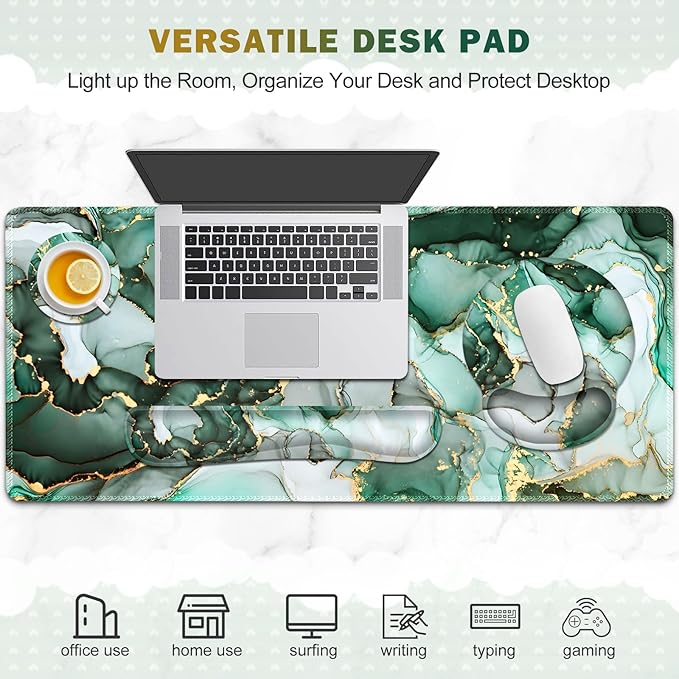 Gaming Mouse Pad, Large Desk Mat, Cute Desk Pad Protector, 4in1 XXL Mousepad + Keyboard Wrist Rest+Mouse Wrist Rest+Coaster Set with Ergonomic Desk Pad for Home Office PC Computer, Green Marble