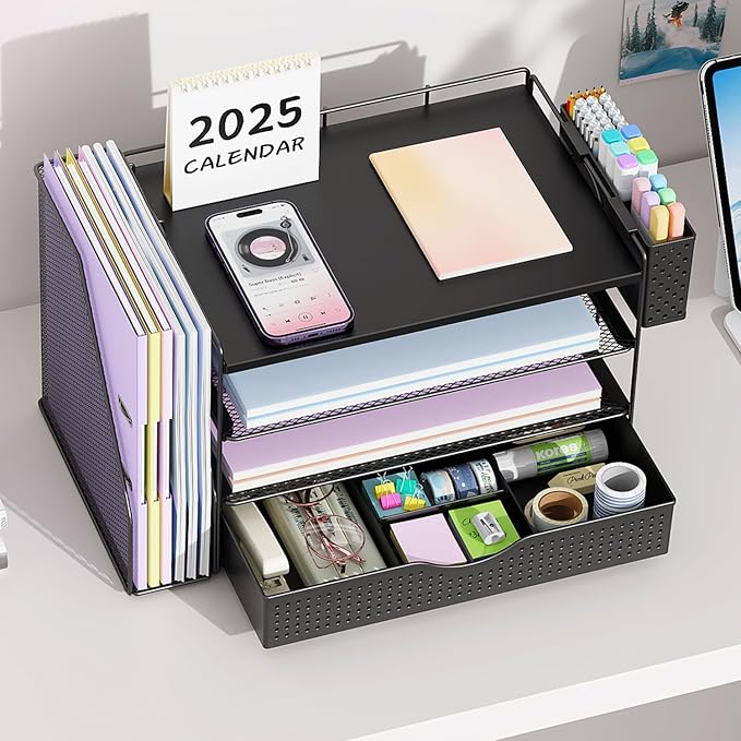 Wood Desk Organizers and Accessories with File Holder, 4-Tier Desk Accessories & Workspace Organizers with Drawer and Pen Holder, Paper Organizer for Office Supplies (Black)