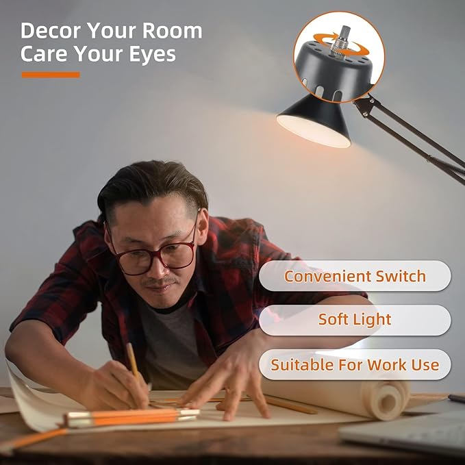 Hypool 2 Pack Desk Lamp w/A19 E26 LED Bulb for Home Office Eye-Caring Metal Extra Tall Swing Arm High Intensity Clamp Flexible Gooseneck Side Table Working Reading Computer Workbench 3000K Warm Light