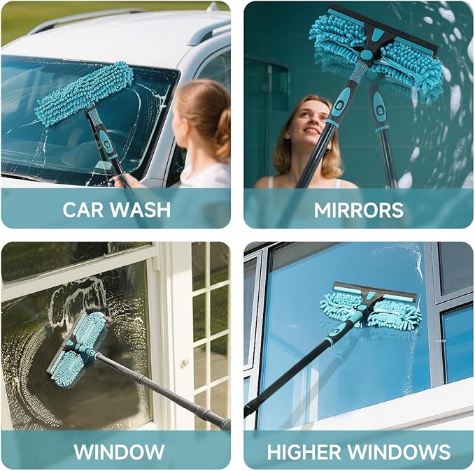 Buysenton Professional 2-in-1 Window Squeegee Cleaner Tool with 62" Extension Pole, Rotatable Bendable Head & Scrubber, Car Glass Cleaning Kit for Windows, Shower, Gas Station - 1 Blade 2 Scrubber