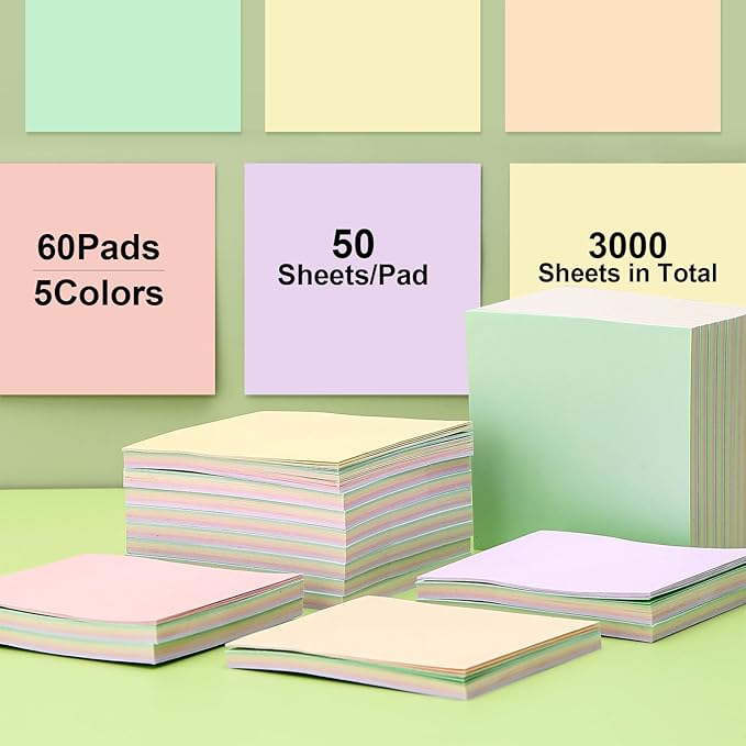 Thenshop 60 Packs Sticky Notes Bulk 3x3 Inches Colorful Self Stick Note Pads Paper Memo for Office School Notebook Supplies, 60 Pads, 50 Sheets/pad(Macarons Color)