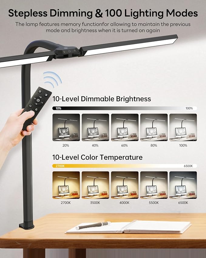 LED Desk Lamp for Home Office, Eye-Caring Desk Light with Clamp, Stepless Dimming 24W Double Head Architect Task Lamp with Remote Control, Flexible Gooseneck, for Working, Studying, Reading, Drafting