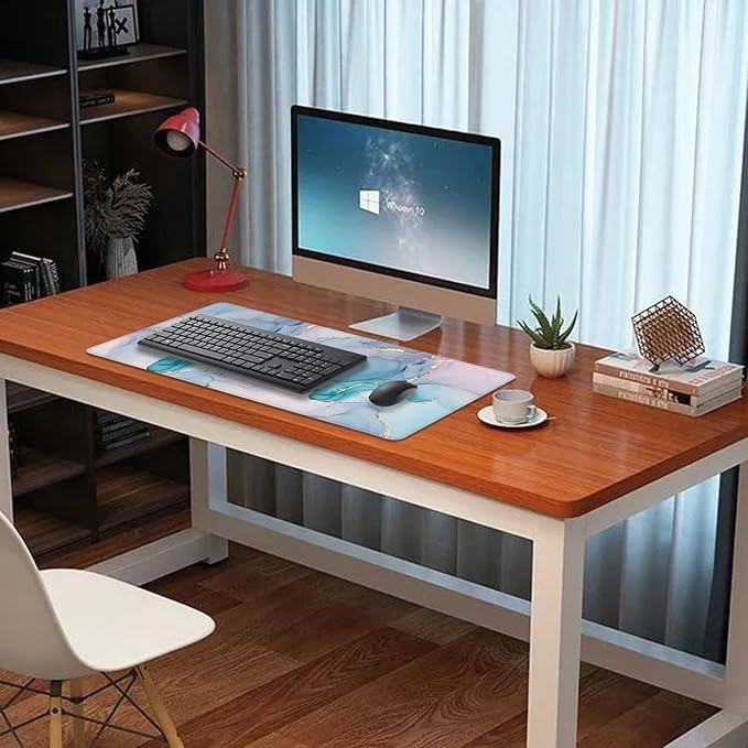 Cyan Blue Marble Desk Pad Mouse Pad,Large XL Mouse Mat with Stitched Edges,Non-Slip Rubber Base Mousepad for Office PC Keyboard Laptop and Home Work Desk Mat(27.5X11.8 in)