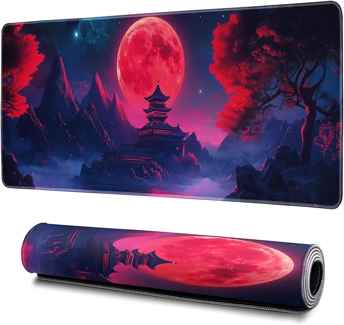Darkness Red Moon Mouse Pad Abstract Red Mouse Pad 31.5x11.8 Inch Texture Non-Slip Rubber Base Large Mousepad Stitched Edges Keyboard Mouse Mat Desk Pad for Office and Home (Darkness 4)