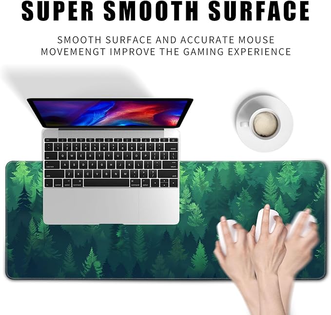 Forest Gaming Green Large Gaming Mouse Pad Keyboard Desk Pad Extended Mouse Pad Gaming Office Decor, Pc Laptop Mouse Pads Large (31.5x11.8 in) with Stitched Eges Non-Slip Base Mousepad XL