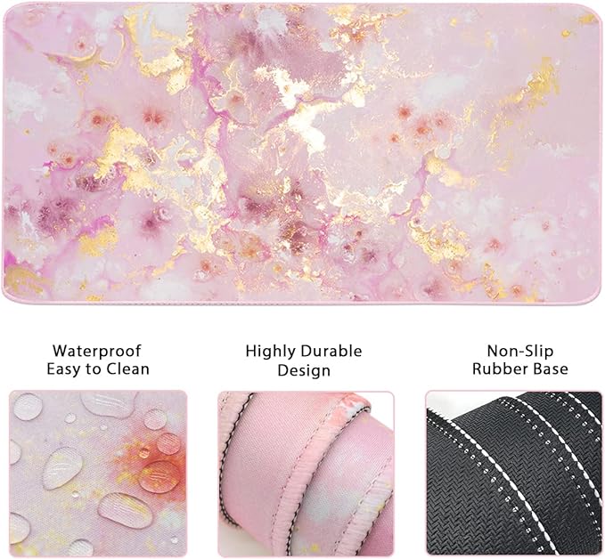 Keyboard Mouse Pad Set, Extended Mouse Pad+Keyboard Wrist Rest Support, Memory Foam Ergonomic Easy Typing, 3Pcs (35.4×15.7 in) Desk Pad Set for Home Office Study Game- Pink Gold Marble