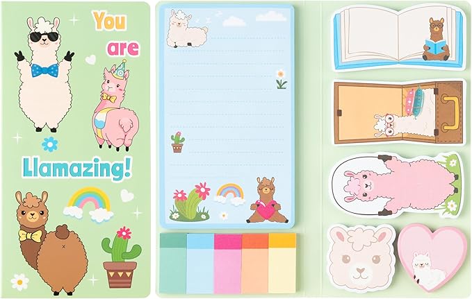 B1ykin Sticky Notes Set, Cartoon Theme Cute Self-Stick Notes Pad Teacher Appreciation Gifts， Self-Adhesive Writing Memo Pages Sticky to Do Notepad Thank You Gift for School Classroom (Amazing Alpaca)