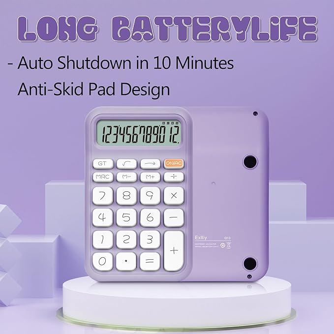 Desk Calculator,12 Digits, Large LCD Display,Big Buttons,Cute and Aesthetic,Suitable for Office and Study (Purple, S)