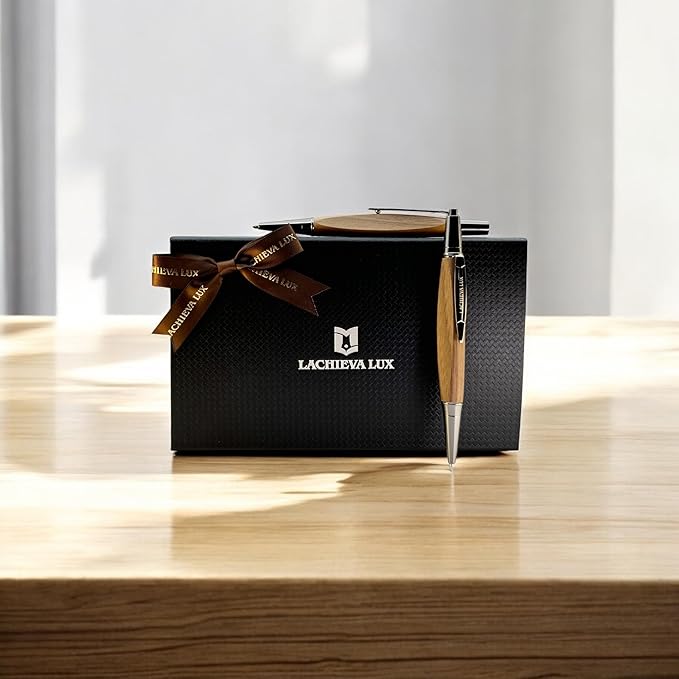 LACHIEVA LUX Walnut Wood Ballpoint Pen and Mechanical Pencil Set – Triangle Grip, Luxury Gift for Men and Women, Includes Refills and Gift Box