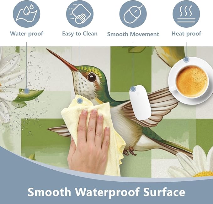 Mouse Pad Desk Mat Leather Desk Pad Large Gaming Desk Cover Protector Mat for Keyboard Computer Laptop Office Waterproof 47.2 x 23.6 Inch Checkered Green and White Hummingbirds Daisy
