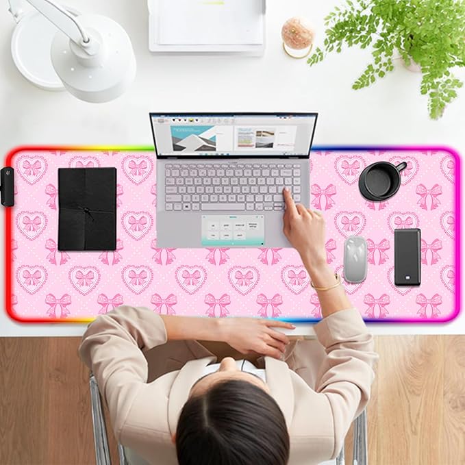 RGB Pretty Pink Love Bows Gaming Desk Mat, Computer Keyboard Large Extended Long Girly LED Mouse Pad for Office and Home, XL (W13)