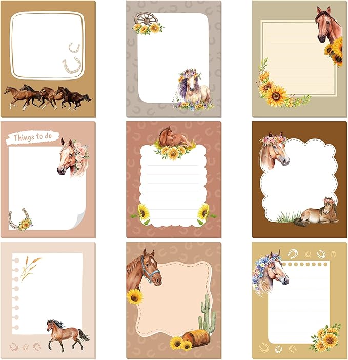 Sabary 9 Pads Cute Sticky Notes Animal Sticky Note Pads 3.15 x 3.94 Inches Colored Adhesive Memo Reminder Decor for Journal School Office Gifts(Horse)