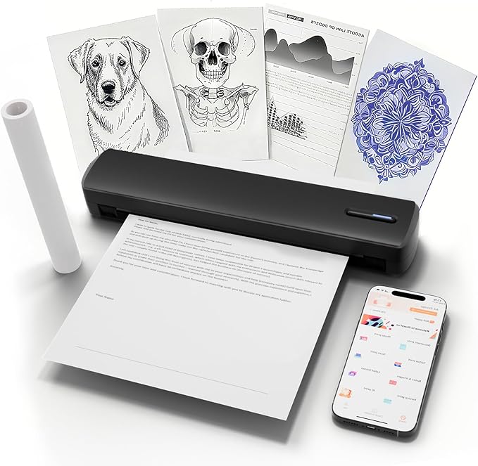 C80 Wireless Printer, Inkless Portable Printer for Travel, Supports A4 8.5 x 11 Inch Thermal Paper, Compatible with Phone & Laptop (Black)