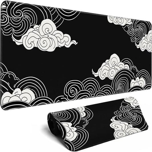 Black and White Mouse Pad Japanese Clouds Mouse Pad XL Anime Big Mouse Pads for Desk Large Gaming Large Mouse Pad for Men Desk Pad with Stitched Edges Non-Slip Large Computer Mat, 31.5x11.8 in