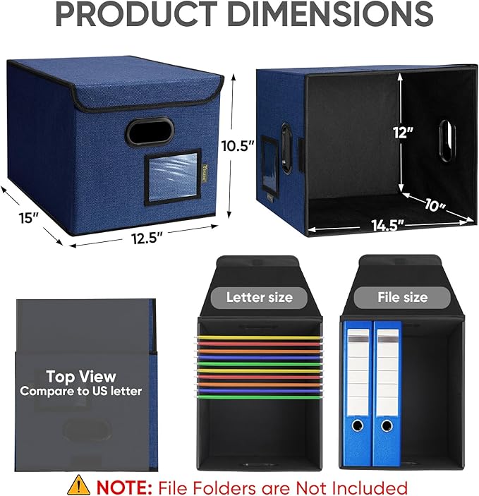 BALEINE File Organizer Box with Lid, Collapsible File Folder Organizer with Plastic Slide, Hanging File Folder Box for Office Document Storage (2 Pack, Blue)