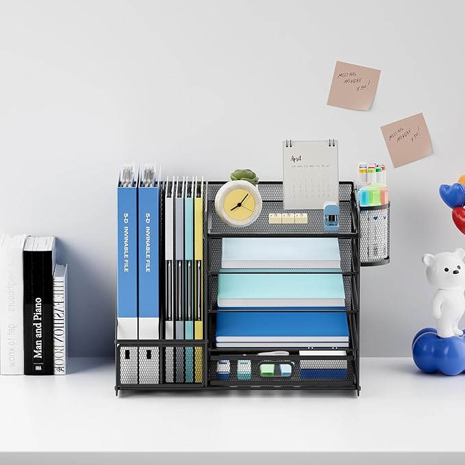 Lavatino Desk Organizer with File Holder, 5-Tier Paper Letter Tray Organizer with Sliding Drawer and 2 Pen Holder, Mesh Desktop File Organizer for Office Supplies (Black)