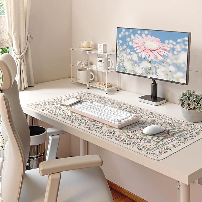 HAOCOO Floral Desk Mat, Large Mouse Pad for Desktop, Big Mouse Pad with Non-Slip Rubber Base, Waterproof Computer Pad with Stitched Edges, Desk Cover Mat for Office (Grey)