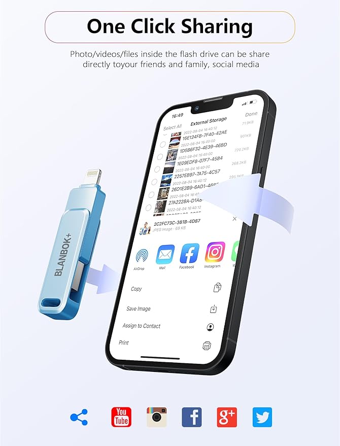 MFi Certified 256GB Photo Stick for iPhone Flash Drive,USB Memory Stick Thumb Drives High Speed USB Stick External Storage Compatible for iPhone/iPad/Android/PC (Blue)