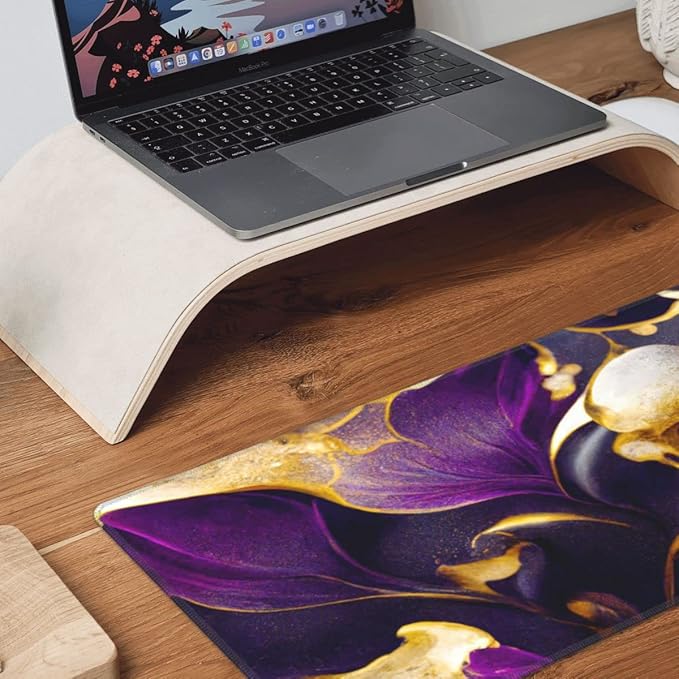 Desk Pad,Office Desk Mat 31.5"×11.8" Large Gaming Mouse Pad,Extended Computer Mouse Pad,Waterproof Thick Big Mouse Pads with Non-Slip Rubber Base Office Home Purple Gold Marble Flower