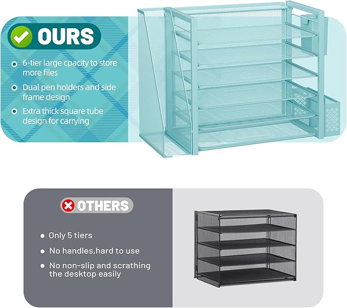 Simple Trending 6 Tier Desk File Organizer, Paper Letter Tray Organizer with File Holder and Pen Container, Blue
