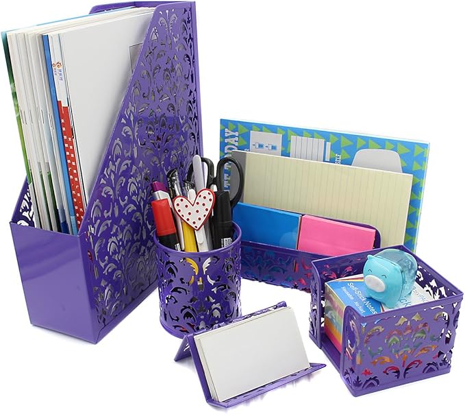EasyPAG Desk Organizer Set - Pencil Holder Letter Sorter File Holder Business Card Holder and Sticky Note Holder, Purple