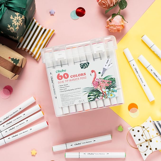 Ohuhu Markers for Adult Coloring Books No Bleeding 60 Colors Water-based Dual Tips Brush & Chisel Coloring Markers for Kids Adults Beginners Drawing Pens for Journaling Lettering