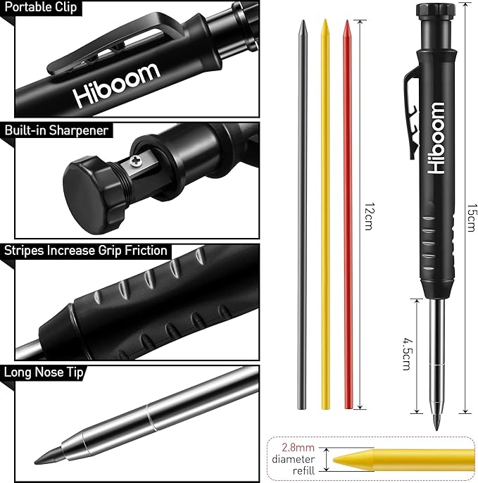 Hiboom 6 Pack Carpenter Pencil with Sharpener, Long Nosed Deep Hole Tip Mechanical Hole Marker with 36 Pcs 2.8 mm Refills for Woodworking Drafting Architect Construction, Design Patent