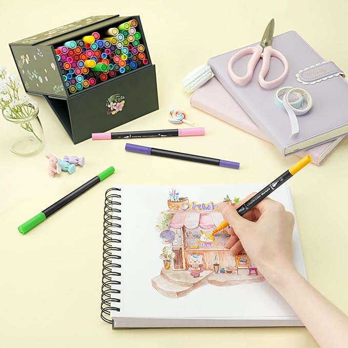 Ohuhu Markers for Adult Coloring Books No Bleeding 100 Colors Coloring Markers Water-based Dual Tips Fineliner & Brush Drawing Pens Art Pens for Kids Adults Sketch Journal - Maui - Black