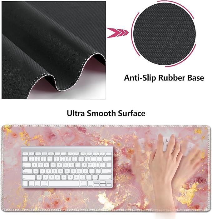 AIMSA Keyboard Mouse Pad Set, Large Gaming Mouse Pad +Wrist Rest Mouse Pad +Keyboard Wrist Support +Coaster, 35x15.7 inch Extended Desk Mat for Easy Typing Pain Relief (Pink Gilt Marble)