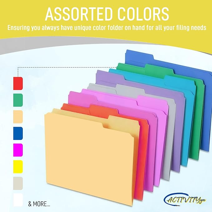 Yellow File Folders, 1/3-Cut Tabs, Letter Size, 12-Pack – Durable Office Filing Folders for Documents, Papers, and Organization