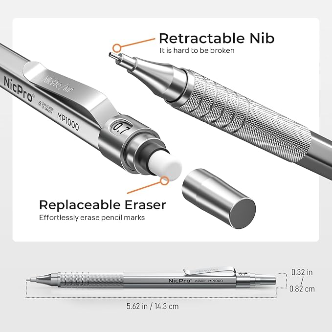 Nicpro 0.7 Metal Mechanical Pencil Set with Case, 3PCS MP1000 0.7mm Artist Lead Pencil With 8 Tube HB Refills, 3 Erasers, 9 Eraser Refill For Architect Art Drafting Drawing Engineering, Sketching