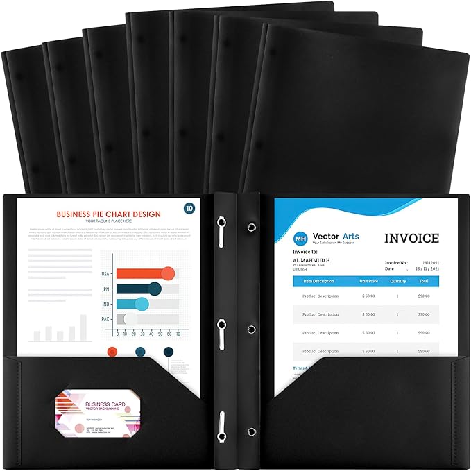 8 Pack Plastic Folders With 2 Pockets, Colorful Letter Size File Folders With Prongs and Business Card Slots for School Office