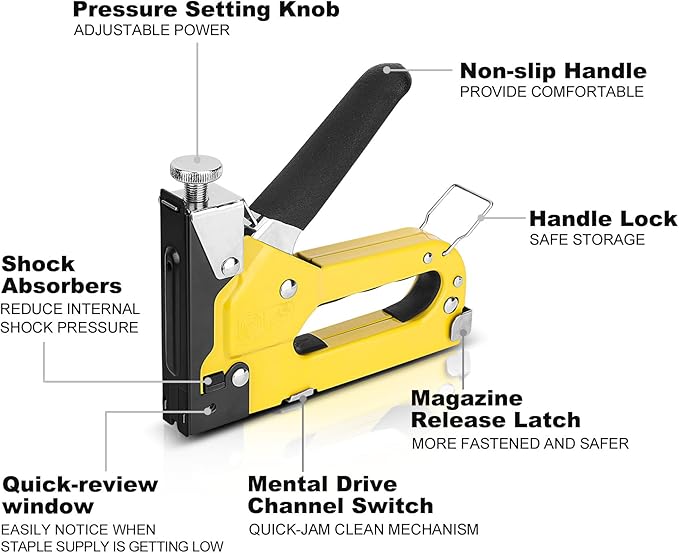 HAUTMEC 3-in-1 Heavy Duty Staple Gun Kit – Chromed Steel Upholstery Stapler with 600 Staples, Quick-Jam Clear, Adjustable Driving Force & Rapid Loading – HT0430