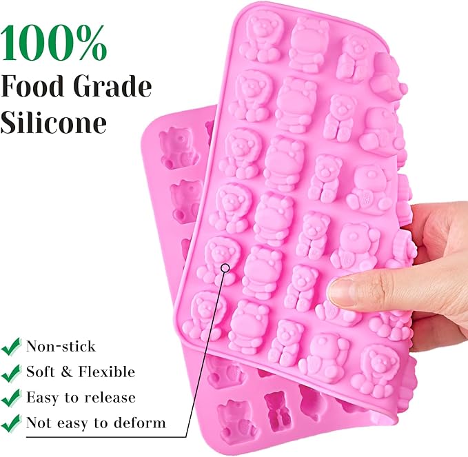 6 Pcs Mini Gummy Candy Molds Set, Silicone Bear Donut Dinosaur Fruit Snack Molds with 4 Droppers, Storage Box and Brush for Small Jello Candy Chocolate Gummy