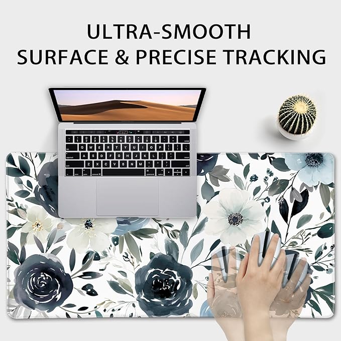 Large Gaming Mouse Pad 31.5x15.7 Inch, XXL Mousepad with Non-Slip Rubber Base & Stitched Edges, Extended Desk Mat for Computer/Laptop/Office/Home Navy Blue and White Watercolor Floral
