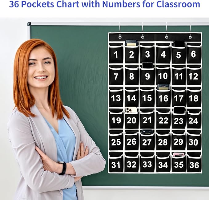 36 Pockets Black Numbered Classroom Pocket Chart for Cell Phones, Hanging Pocket Chart Storage for Classroom Phone Calculator Holder with 4 Hooks (Black-36pockets)