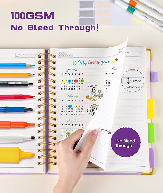 Hardcover Spiral Notebook journal with Removable Dividers Tabs, 300 Pages Leather 5 Subject Notebook College Ruled, 8"x10" Large B5 Notebooks for Work School Note taking,Lined Journal for Women,Purple