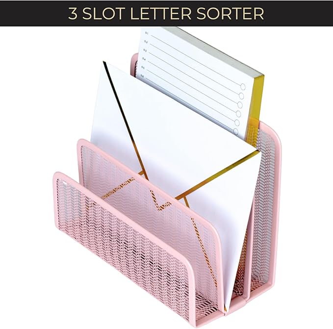 BLU MONACO Pink Metal Mesh Letter Sorter – 3-Slot Mail Organizer for Desk, Office & Home – Space-Saving Vertical Mail Holder for Envelopes, Documents & Files – Stylish Desk Organizer