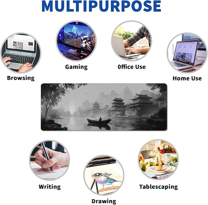 Japanese Ink Landscape Mouse Pad Abstract Black Mouse Pad 31.5x11.8 Inch LandscapeTexture Non-Slip Rubber Base Large Mousepad Stitched Edges Keyboard Mouse Mat Desk Pad for Office and Home