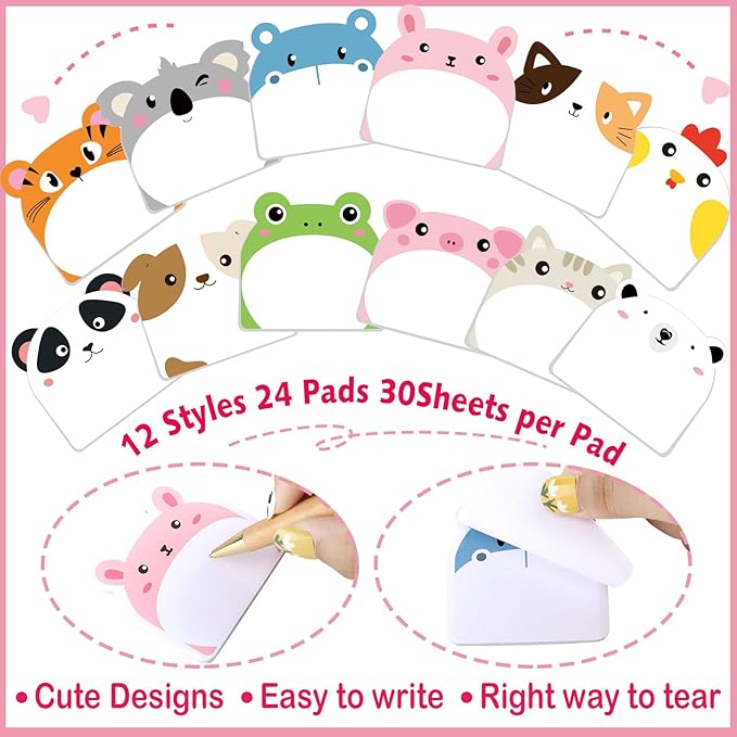 Yinder 24 Pads Cute Sticky Notes Kawaii Fun Animal Sticky Notes Pads Bulk Cartoon Memo Self Adhesive for Veterinary Gift Office School Tab Party Supplies(Classic Animals)