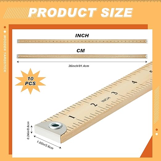 Hoteam 10 Pcs Heavy Duty Wooden Yardstick 36 Inches Natural Wood Yard Stick Ruler with Hang Hole Metal Tips 1/4-inch-thick Yardstick Ruler Metal Ends Meter Stick Clothing Measuring Home Office