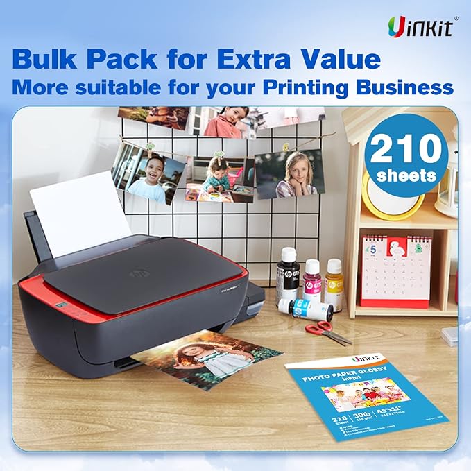 Uinkit 210 Sheets Single Side Thin Paper Glossy Photo Print Inkjet 8.5x11 Letter Size 30lb DIY Chip Bag Party Favors Brochure Flyer Picture Photos Printer 115gsm