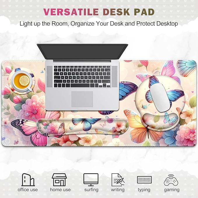 Gaming Mouse Pad, Large Desk Mat, Cute Desk Pad Protector, 4in1 XXL Mousepad + Keyboard Wrist Rest+Mouse Wrist Rest+Coaster Set with Ergonomic Desk Pad for Home Office PC Computer, Butterflies Flowers