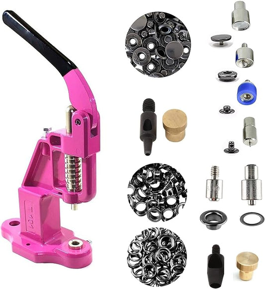 Hobby Trendy Hand Press with Rust Free Steel 50 Sets Ln24 15mm Fashion Spring Glove Snaps and 50 Sets Brass 8 mm (Nr5) Eyelets, Matching Dies and Hole Punches (Black Supplies, Pink Press)