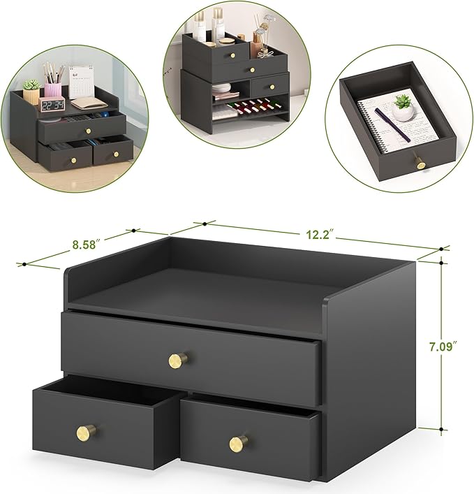 Bamboo Desk Organizer with Drawers Wooden Desktop Storage Drawers for Bills Office Supplies Kitchen Utensils Organizing Tool for Home Classroom Organization No Assembly (3 Drawers, Black)