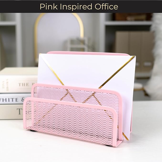 BLU MONACO Pink Metal Mesh Letter Sorter – 3-Slot Mail Organizer for Desk, Office & Home – Space-Saving Vertical Mail Holder for Envelopes, Documents & Files – Stylish Desk Organizer