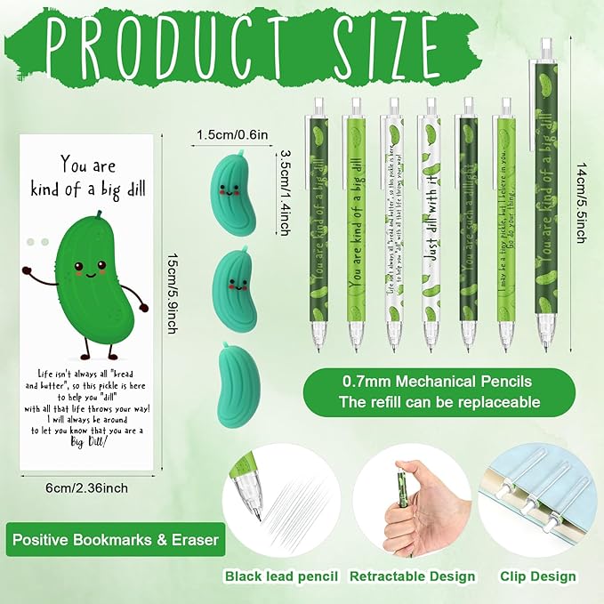 30 Sets Christmas Inspirational Gifts Pickle Pencils Bulk 6 Styles 0.7 mm Mechanical Pencils with Erasers Positive Cards for Xmas Holiday Student Teacher Coworker School Office Supplies