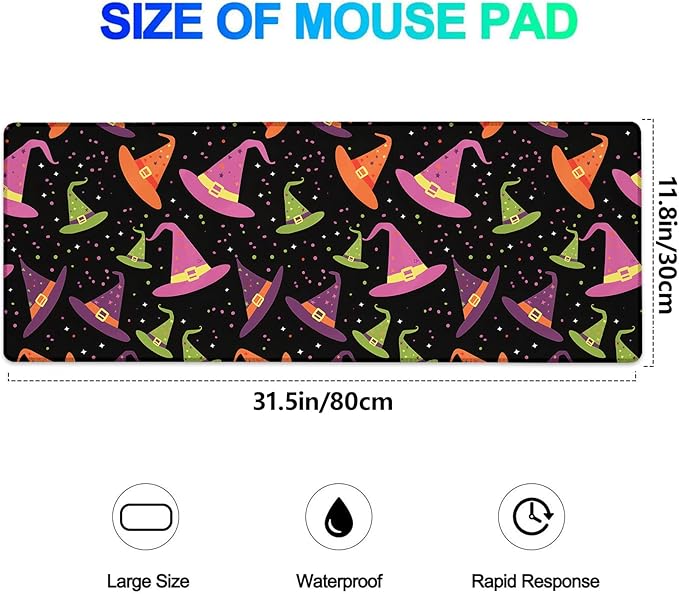 Witch Hat Gaming Mouse Pad, Extended Colorful Spooky Desk Mat Computer Laptop Mousepad, Robust Stitched Edges, 31.5"×11.8" Large Office Keyboard Halloween Mouse Pads for Home Desktop Decor