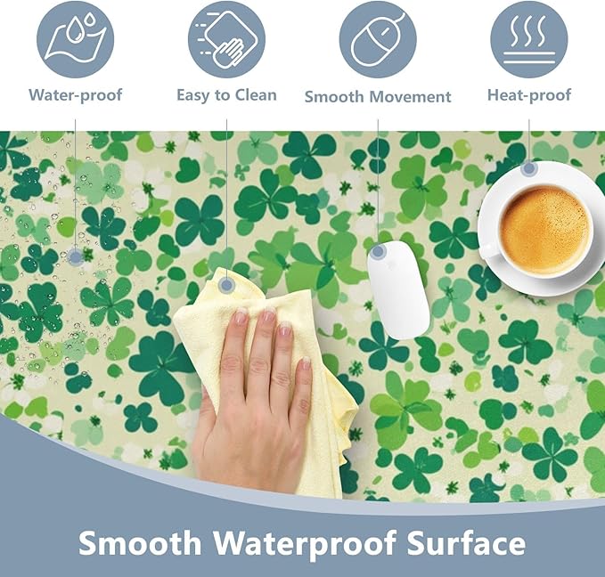 Mouse Pad Desk Mat Leather Desk Pad Large Gaming Desk Cover Protector Mat for Keyboard Computer Laptop Office Waterproof 35.4 x 16.5 Inch Saint Patricks Green Clovers